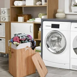 Natural Wicker Laundry Hamper With Removable Liner And PU Leather Handles 72L