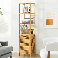 Natural Wicker Laundry Hamper Tower with 3 Tier Storage Shelving