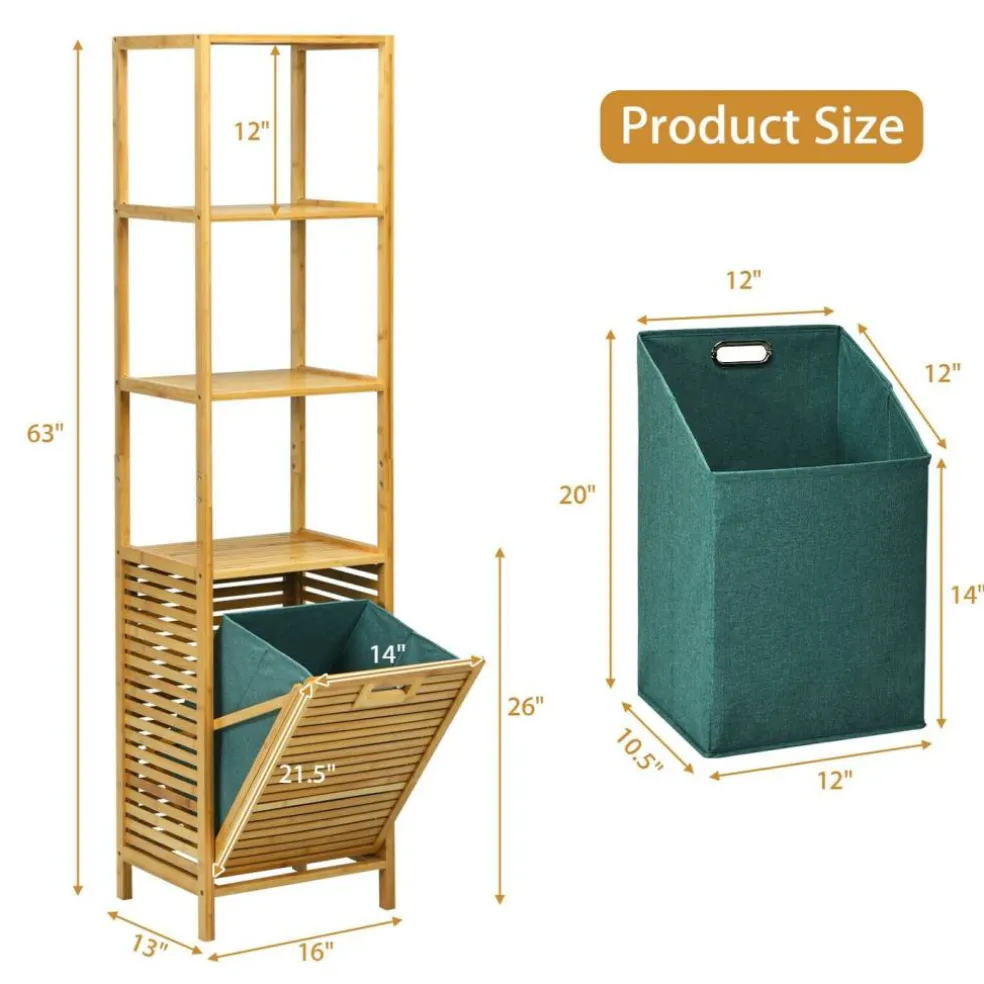 Natural Wicker Laundry Hamper Tower with 3 Tier Storage Shelving