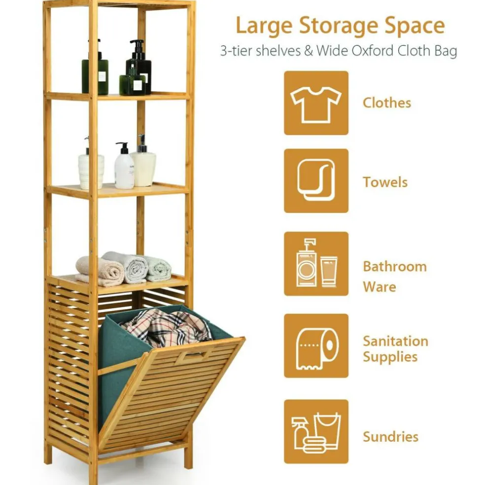 Natural Wicker Laundry Hamper Tower with 3 Tier Storage Shelving