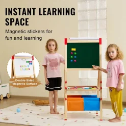 Natural Wood Pine Plastic Kids Standing Art Easel, Adjustable Height Double-Sided Magnetic Chalkboard Whiteboard with Paper Roll & Paint Cups