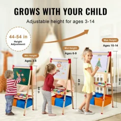 Natural Wood Pine Plastic Kids Standing Art Easel, Adjustable Height Double-Sided Magnetic Chalkboard Whiteboard with Paper Roll & Paint Cups