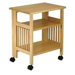 Natural Wood 3-Shelf Folding Printer Stand Cart with Lockable Casters