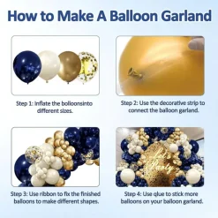 Navy Blue & Gold Balloon Garland Kit – Double Stuffed White, Royal Blue & Gold Confetti Balloons for Party Decor