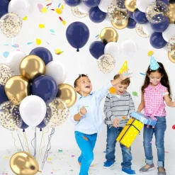 Navy Blue Gold Balloons Set, 50 pcs 12 inch Metallic Gold Navy Blue White Confetti Latex Balloons Kit