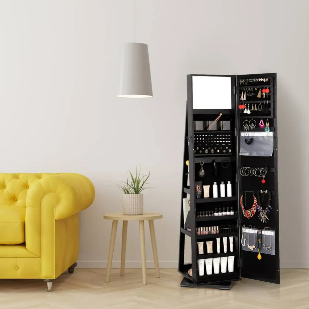 NEX™ Black 360 Degree Rotatable Jewelry Armoire with Free-Standing Mirror