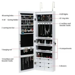 Non Full Mirror Wooden Wall Mounted 4-Layer Shelf 6 Drawers 8 Blue LED Light Jewelry Storage Mirror Cabinet - White
