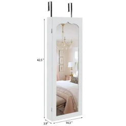 Non Full Mirror Wooden Wall Mounted 4-Layer Shelf 6 Drawers 8 Blue LED Light Jewelry Storage Mirror Cabinet - White