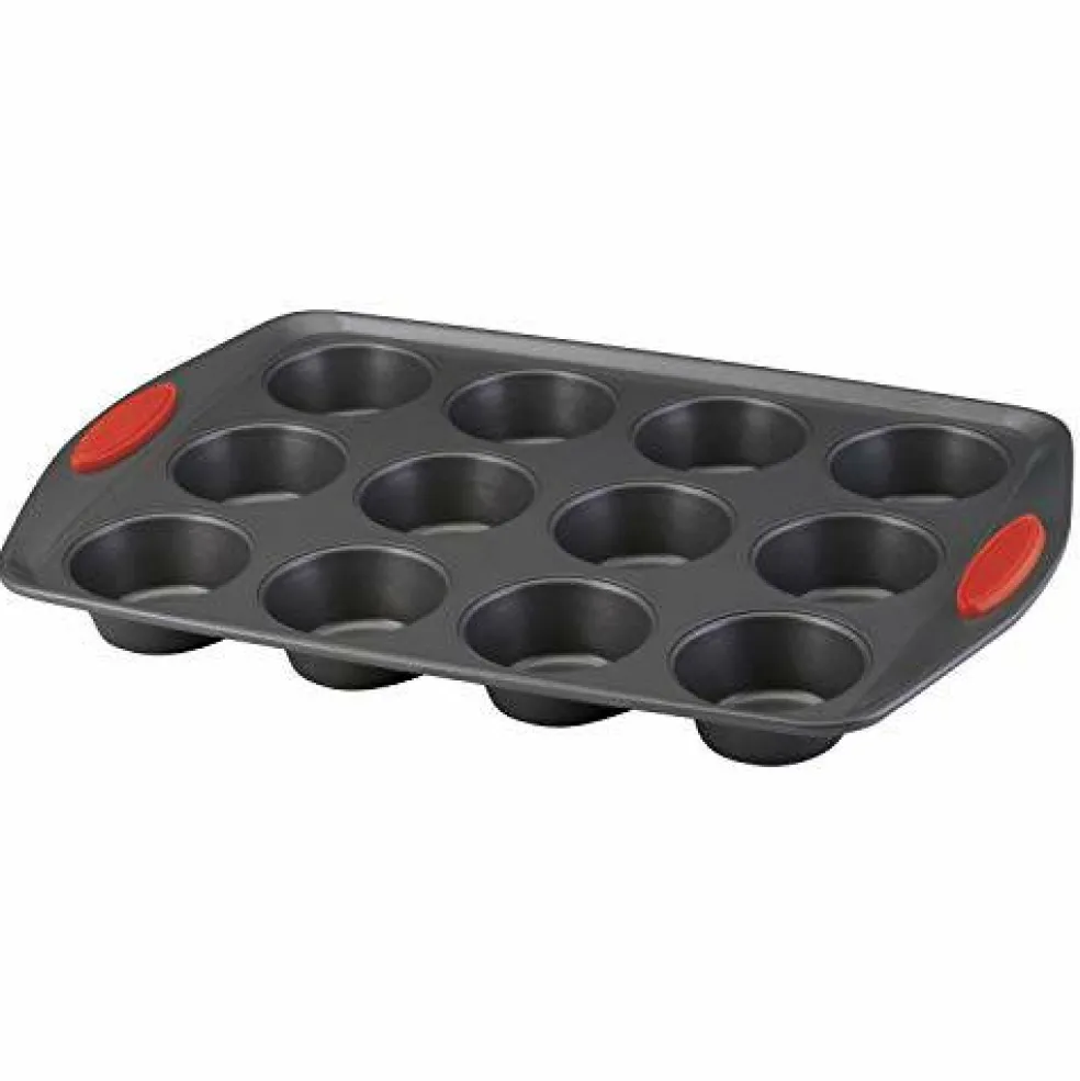 Nonstick Bakeware 12-Cup Muffin Tin With Grips / Nonstick 12-Cup Cupcake Tin With Grips - 12 Cup, Gray with Red Grips