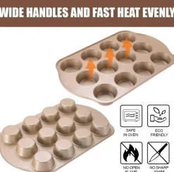 Nonstick Muffin Pan, Mini Cupcake Pan Set, Muffin Tins for Baking, 2 Pack, 12-Cup and 24-Cup, Gold