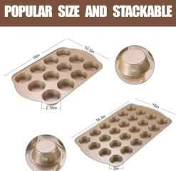 Nonstick Muffin Pan, Mini Cupcake Pan Set, Muffin Tins for Baking, 2 Pack, 12-Cup and 24-Cup, Gold