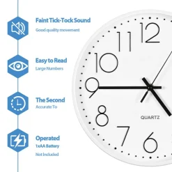 Non-Ticking Silent Wall Clock, 11.5 Inch White Quartz Wall Clock with Large Clear Numbers for Home Decor