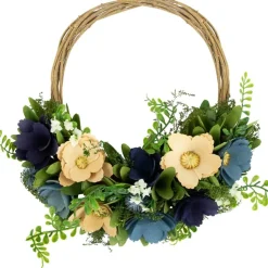 Northlight 12" Blue and Tan Poppy Floral Wooden Spring Basket Wreath