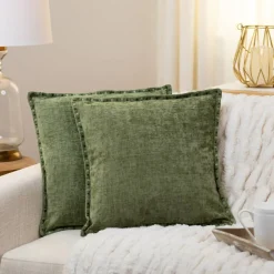 Northlight Chenille Throw Pillows with Short Satin Hem Stitching - 18" x 18" - Green - Set of 2