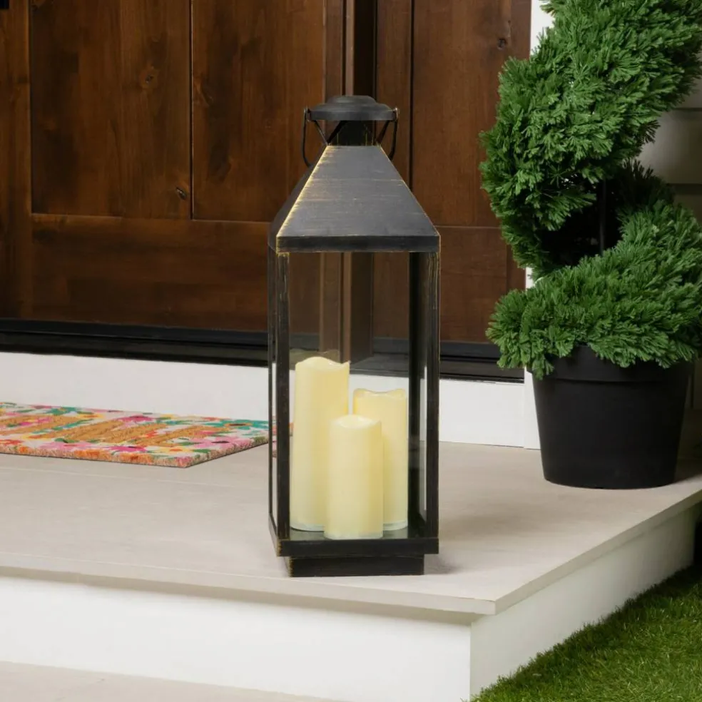 Northlight Lantern with Flameless LED Candles - 24" - Gold and Brushed Black