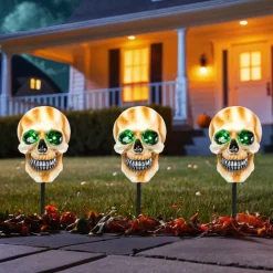 Northlight LED Lighted Skeleton Head Halloween Outdoor Pathway Markers with Sound - 15" - Set of 3