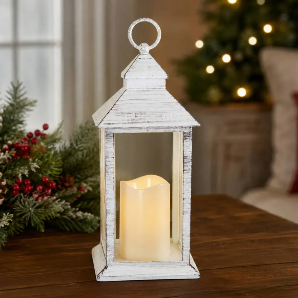 Northlight Lighted Brushed Candle Lantern with Flameless LED Candle - 13.5" - White