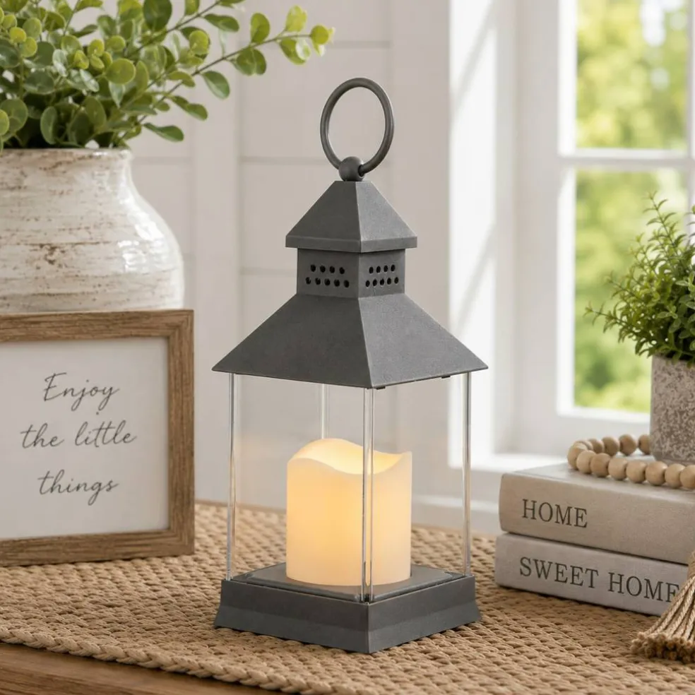 Northlight Lighted Tapered Candle Lantern with Flameless LED Candle - 11" - Gray
