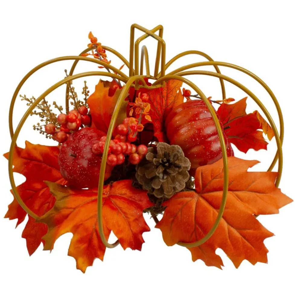 Northlight Maple Leaves and Berries Pumpkin-Shaped Open Wire Fall Harvest Centerpiece - 15"