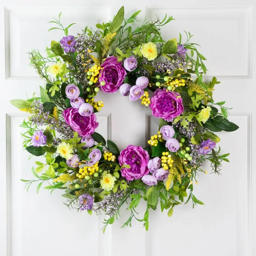 Northlight Peony Mixed Floral Springtime Wreath - 24" - Purple and Yellow
