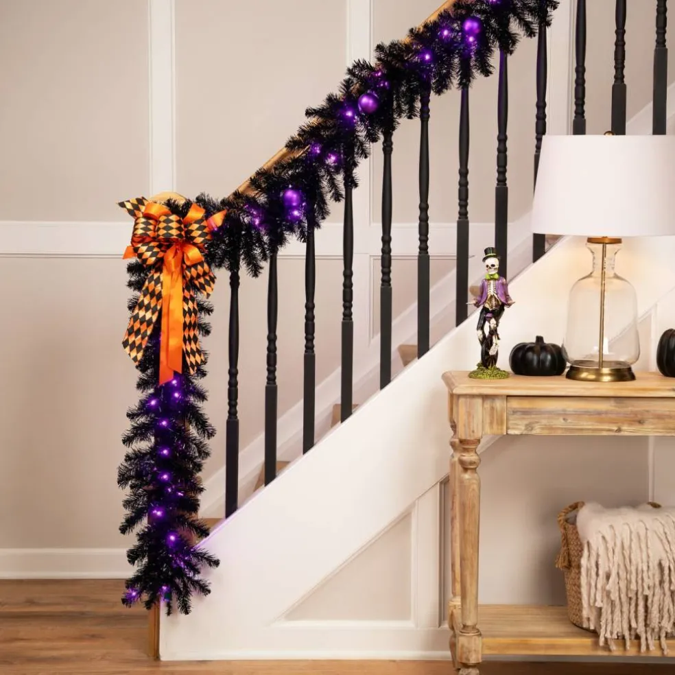 Northlight Pre-Lit Black Crystal Pine Artificial Halloween Garland - 9' x 12" - LED Purple