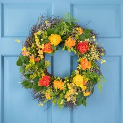 Northlight Ranunculus and Rose Floral Spring Wreath, Orange and Yellow 20"