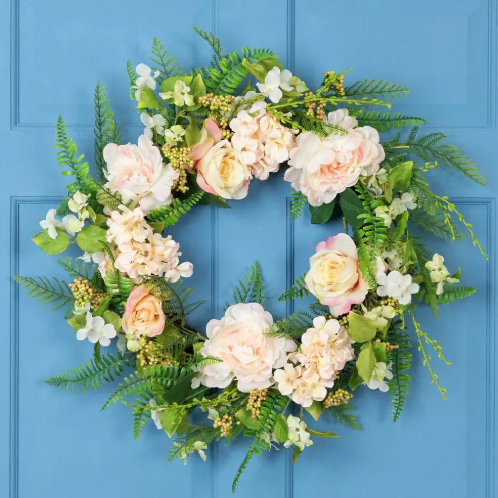 Northlight Rose and Peony Fern Artificial Floral Spring Wreath, Pink - 24-Inch