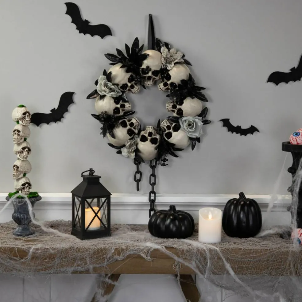 Northlight Skulls and Chains with Roses Small Artificial Halloween Wreath - 15" - Unlit