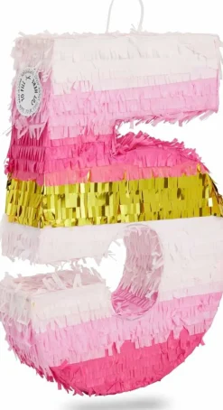 Number 5 Pinata, Pink and Gold Foil for Girls 5th Birthday Party Decorations (Small, 16.5 x 11.6 x 3 In)