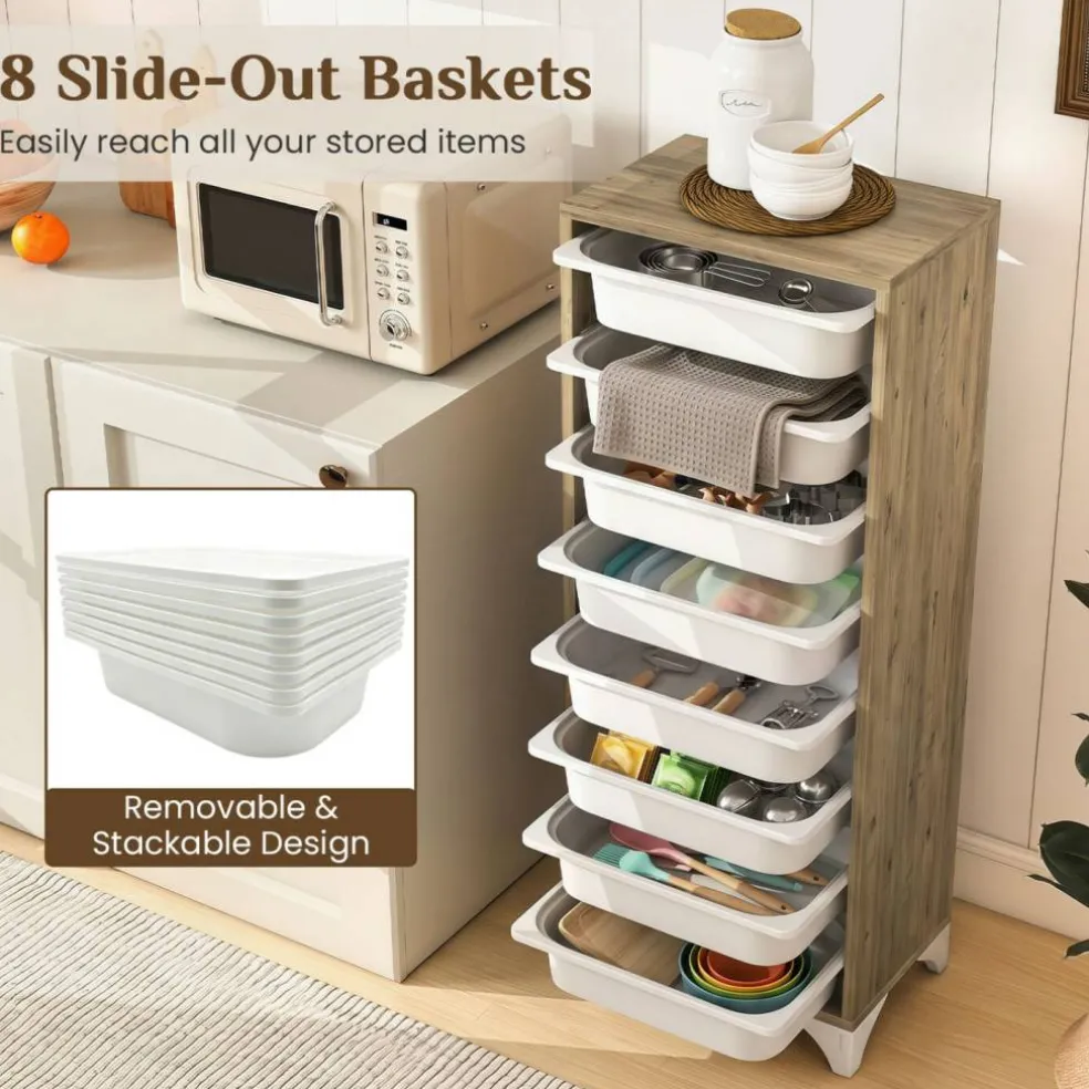 Oak - White 9-Tier Storage Organizer, Engineered Wood Cabinet with 8 Removable Baskets, 44 lb Top Shelf & Anti-Tip Device