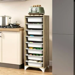 Oak - White 9-Tier Storage Organizer, Engineered Wood Cabinet with 8 Removable Baskets, 44 lb Top Shelf & Anti-Tip Device