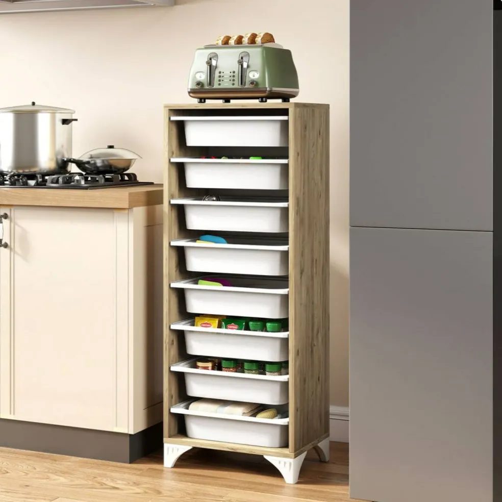 Oak - White 9-Tier Storage Organizer, Engineered Wood Cabinet with 8 Removable Baskets, 44 lb Top Shelf & Anti-Tip Device