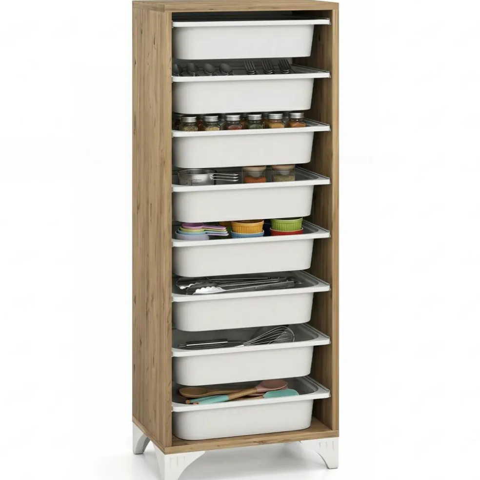Oak - White 9-Tier Storage Organizer, Engineered Wood Cabinet with 8 Removable Baskets, 44 lb Top Shelf & Anti-Tip Device