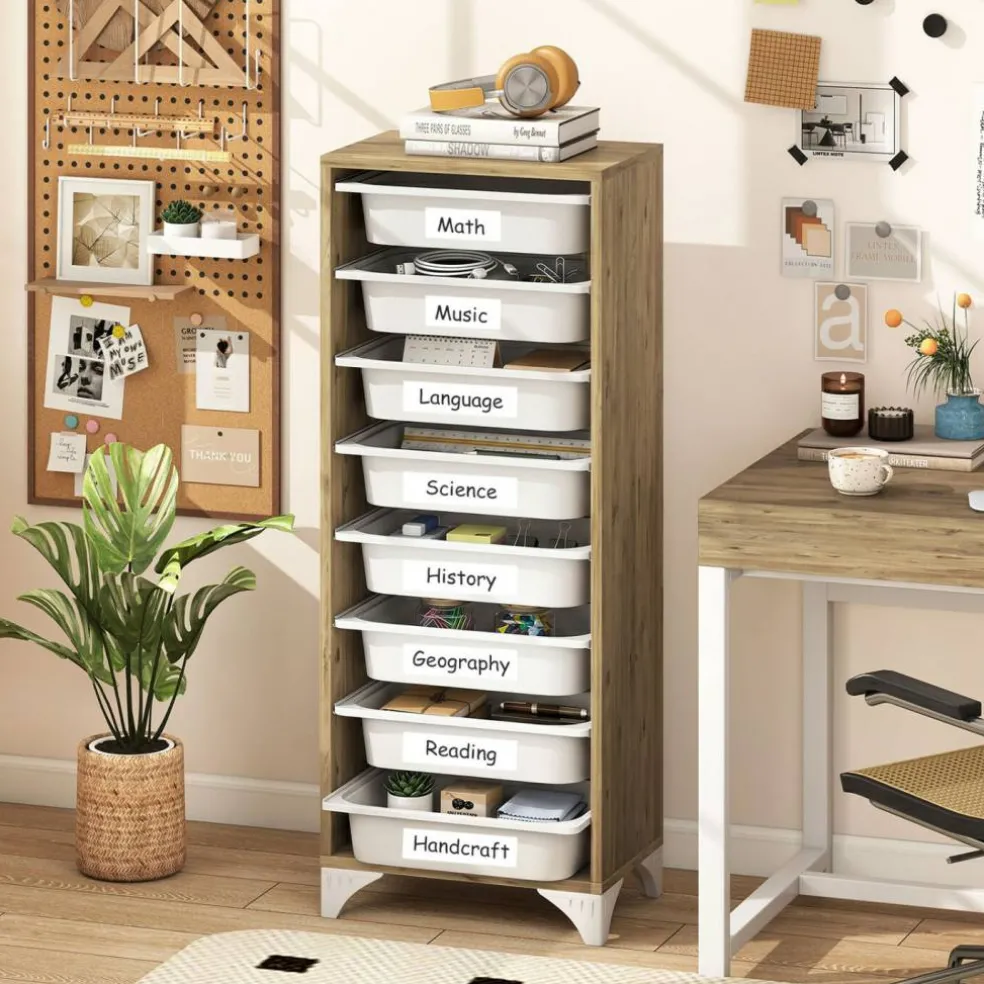 Oak - White 9-Tier Storage Organizer, Engineered Wood Cabinet with 8 Removable Baskets, 44 lb Top Shelf & Anti-Tip Device