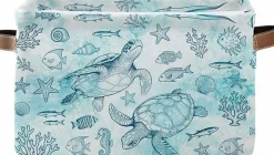 Ocean Sea Turtle Storage Basket, Rectangle Collapsible Fabric Organizer Bin with Handles for Toys, Laundry, Nursery, Clothes & Home Storage (14.9"x11"x9.4")