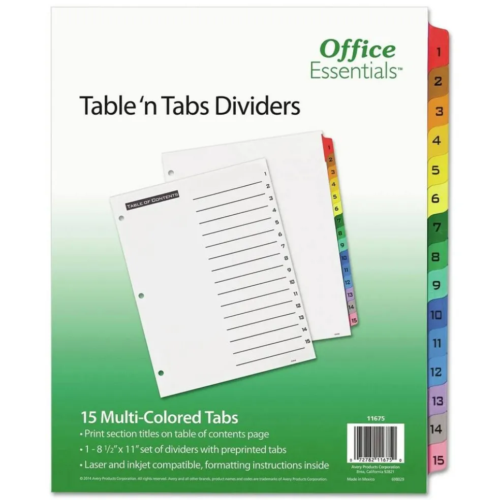 Office Essentials Table 'n Tabs 11 in. x 8.5 in. 15-Tab 1 to 15 Dividers - White/Assorted Tabs (1-Set)