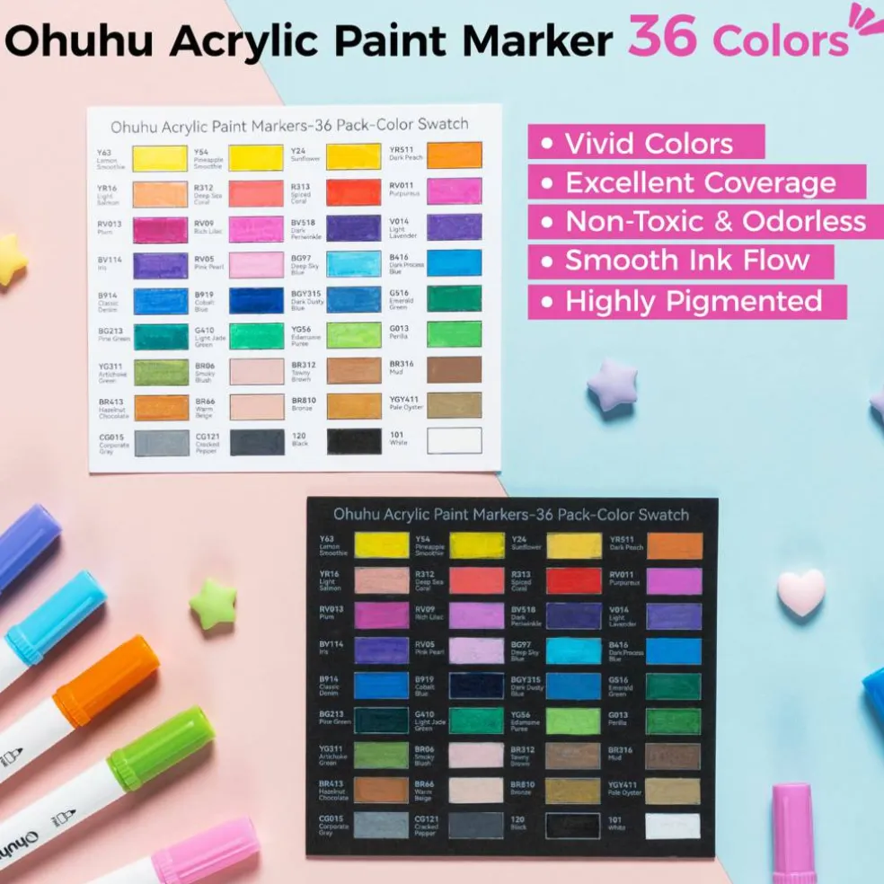 Ohuhu® Akaka Brush & Dot Dual Tip 36 Color Acrylic Marker Set