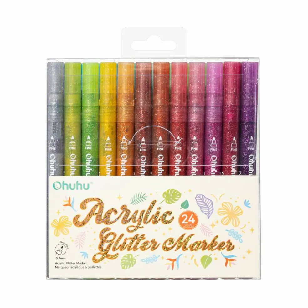 Ohuhu® 24 Color 0.7mm Fine Tip Glitter Markers