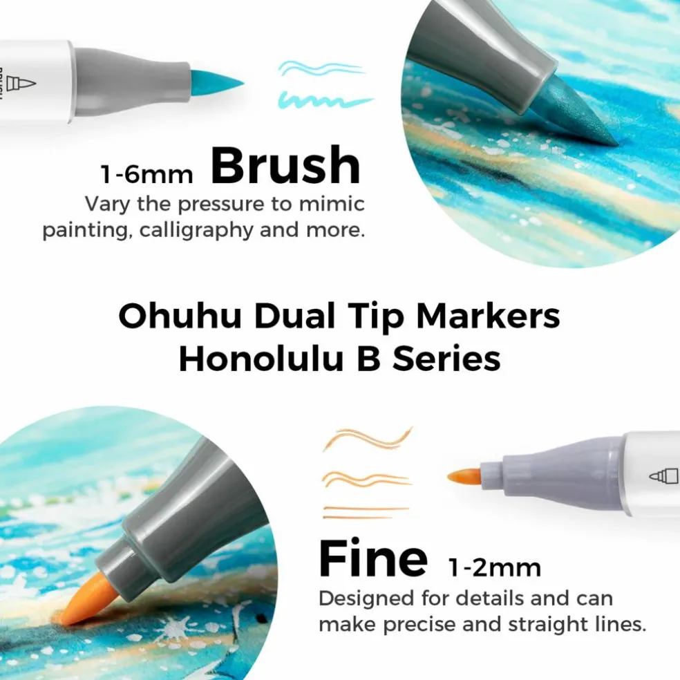 Ohuhu® Honolulu B 12 Color Brush & Fine Dual Tip Pastel Alcohol Markers