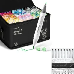 Ohuhu Honolulu B 168 Colors Brush & Fine Dual Tip Alcohol Marker Set + 8-size Tips Fineliner Pens