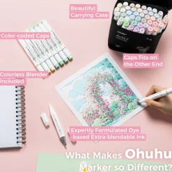 Ohuhu Honolulu B Pastel Alcohol Brush Markers - Blossoming/ Sweetness 48 New Pastel Colors - Brush & Fine Dual Tips