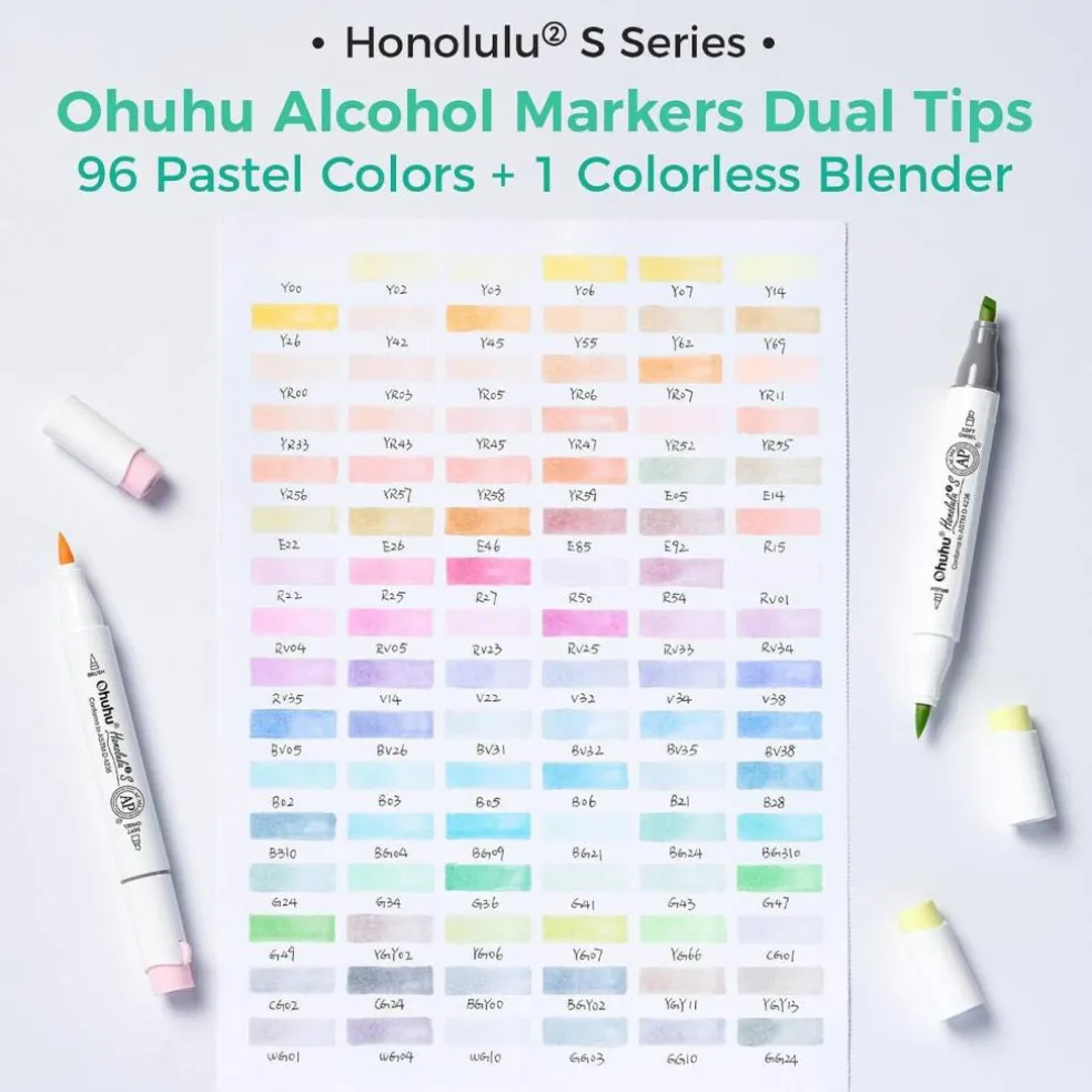 Ohuhu Honolulu 2S 48/96 Pastel Colors Markers Alcohol Based - Brush & Soft Chisel Dual Tips - Sweetness & Blossoming Color Sets