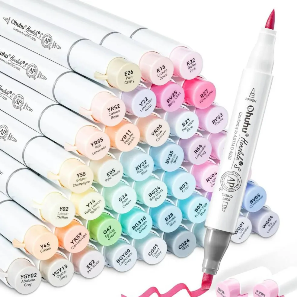 Ohuhu Honolulu 2S 48/96 Pastel Colors Markers Alcohol Based - Brush & Soft Chisel Dual Tips - Sweetness & Blossoming Color Sets