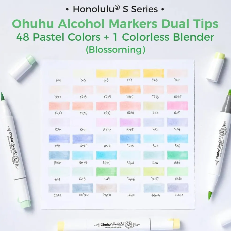 Ohuhu Honolulu 2S 48/96 Pastel Colors Markers Alcohol Based - Brush & Soft Chisel Dual Tips - Sweetness & Blossoming Color Sets
