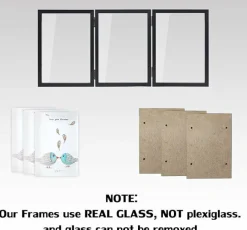 3-Opening Black Triple Hinged 5x7 Picture Frame, MDF Wood Trifold Photo Frame with Real Glass for Tabletop Display, Z-Fold Desktop Gallery Frame for Home Decor & Gift