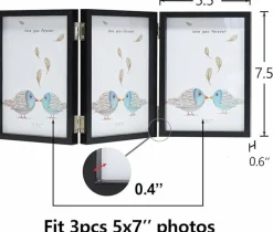 3-Opening Black Triple Hinged 5x7 Picture Frame, MDF Wood Trifold Photo Frame with Real Glass for Tabletop Display, Z-Fold Desktop Gallery Frame for Home Decor & Gift