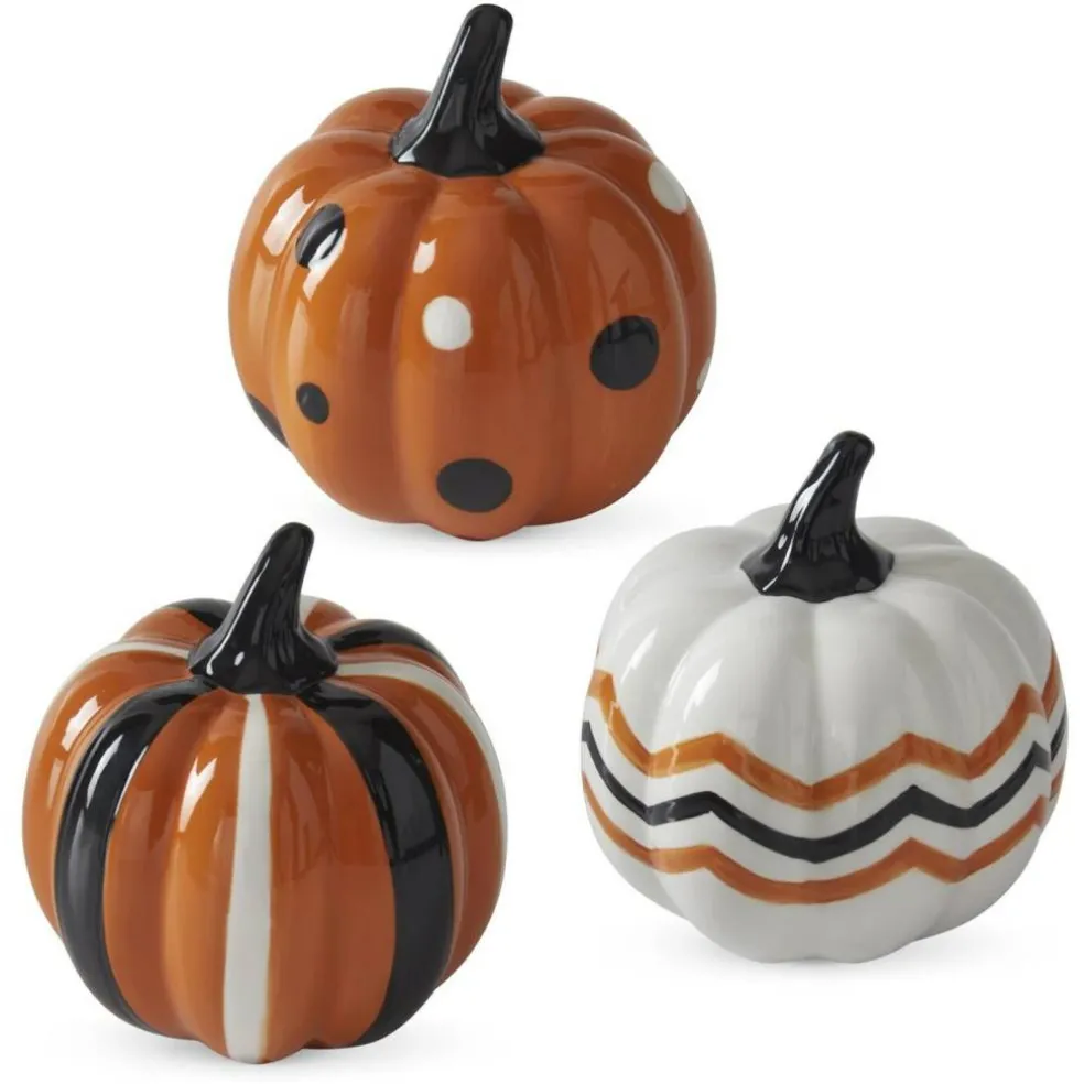 3.75" Orange, Black & White Dot Ceramic Pumpkins – Set of 3