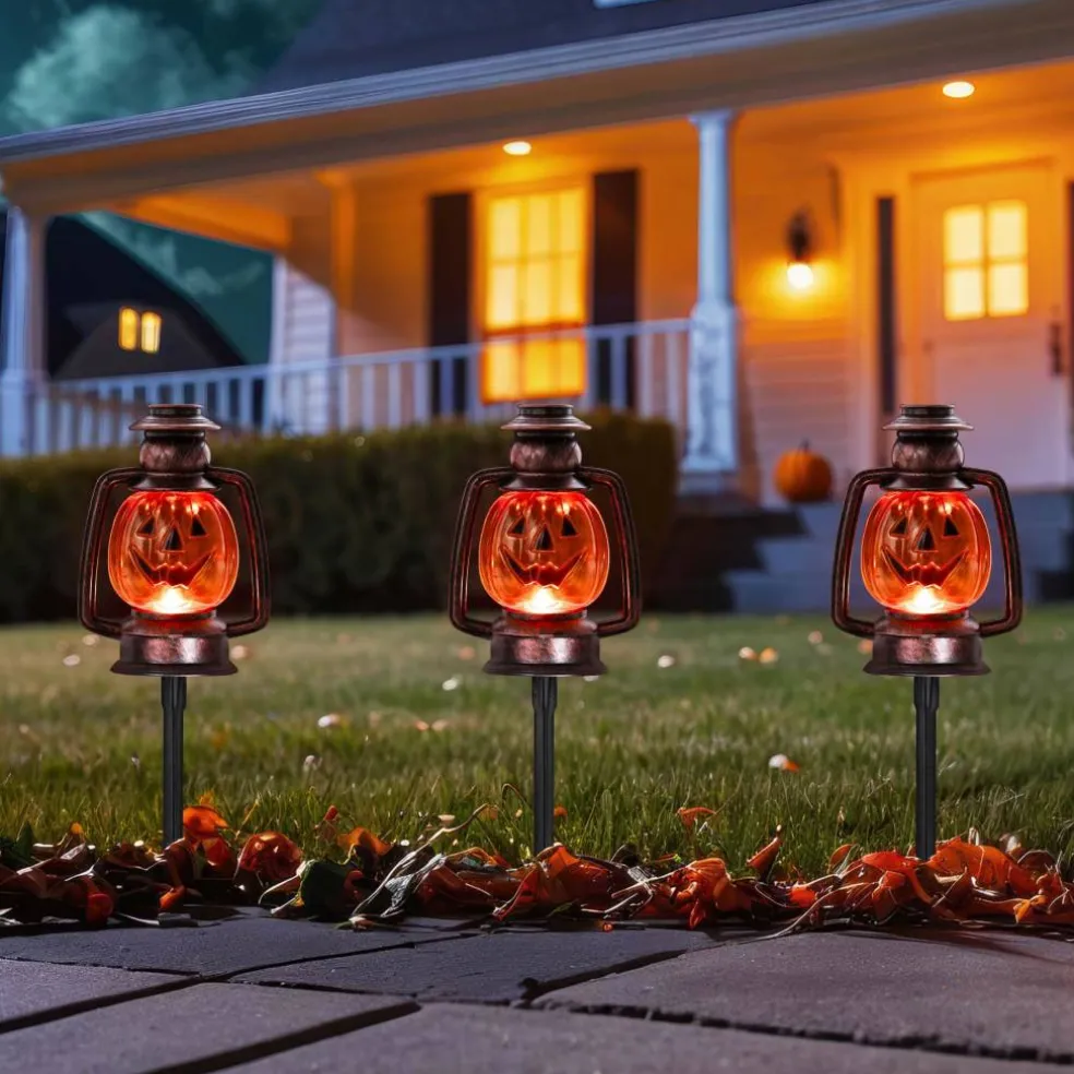 16.75" Orange Flickering Halloween Jack O' Lantern Pathway Markers, 3ct.