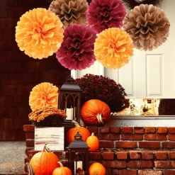 Orange Party-Decorations - 23pcs Fall Autumn Thanksgiving Harvest Paper Tissue Pom Poms Streamers,Rustic Boho Wedding Tassel Garland Banner,Birthday Baby Shower Decor Lasting Surprise