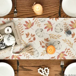 Orange Pumpkins Fall Maple Leaves Fall Table Runner, Seasonal Autumn Kitchen Dining Table Decoration for Home Party Decor 13x72 Inch
